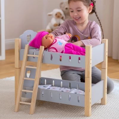 MyToys ORIGINALS Holz Puppenetagenbett, Grau Mit Bettwäsche 4 MyToys ORIGINALS Holz Puppenetagenbett, Grau Mit Bettwäsche – Bild 2