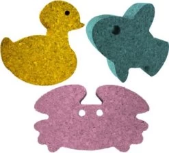 KORXX 3er Set Spielfigur Kork Farbig: Ente Gelb, Krebs Rosa, Fisch Türkis