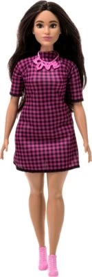 Barbie Fashionistas Puppe Im Pink-schwarz-karierten Kleid, Kurvig, „Love“ Halskette, Für Kinder Von 3 Bis 8 Jahren